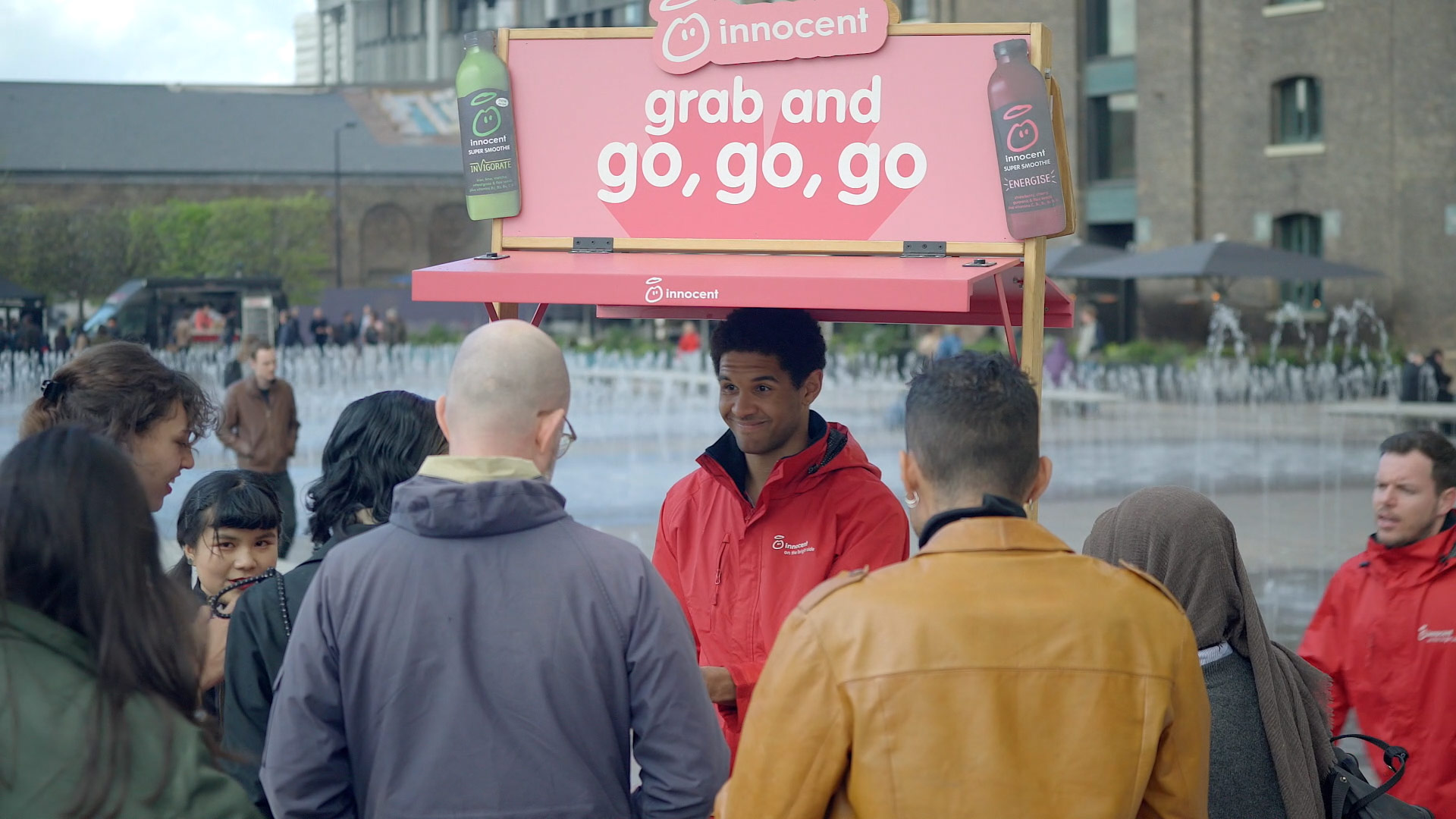 Playful flash mob scene filmed in London’s Granary Square for Innocent smoothie campaign by our live action production studio